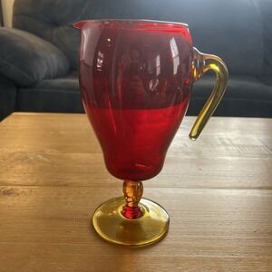 Vintage Hand Blown Ruby Red Glass Pitcher Amber Handle Stem 9in Tall MCM Retro